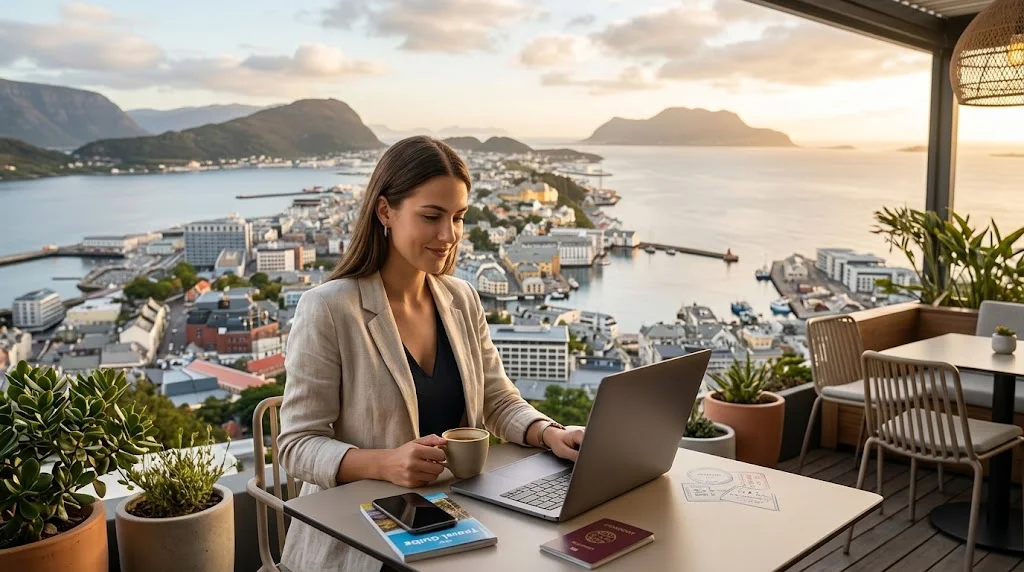 Persona trabajando en laptop desde un mirador natural representando la migración nómada y el trabajo remoto.