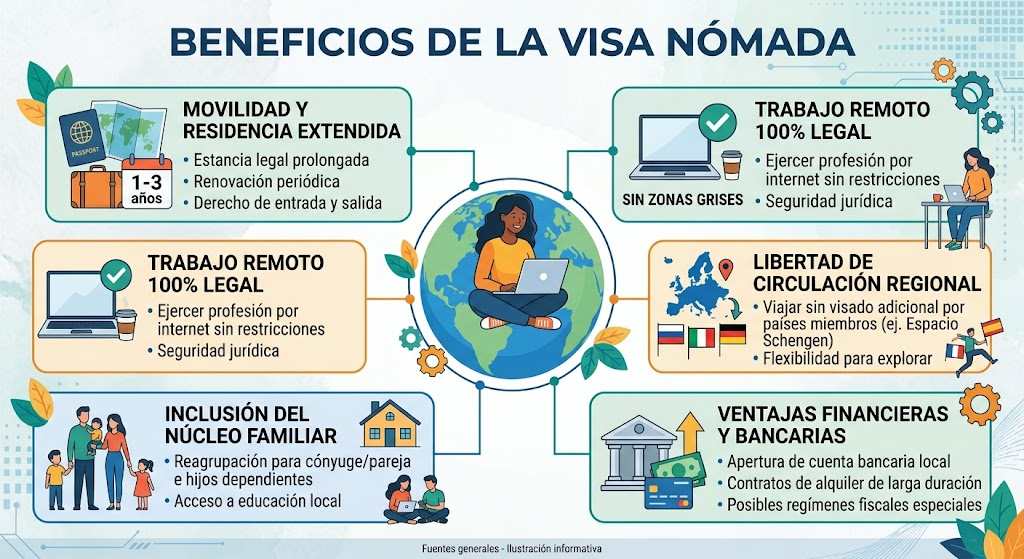 Infografía sobre los beneficios de la Visa Nómada Digital: residencia extendida, trabajo remoto legal, movilidad regional, inclusión familiar y ventajas bancarias.